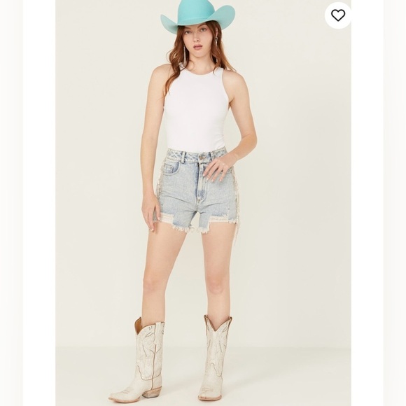 Denim blue b rhinestone fringe high waisted jean shorts - Picture 2 of 7